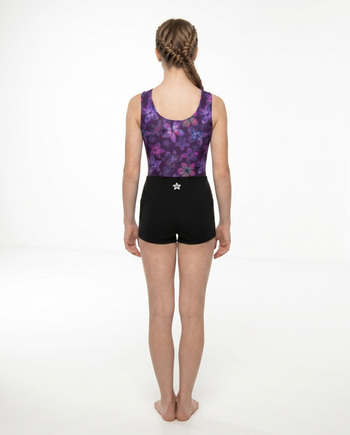 Girls back view classic gymnastics bodysuit (leotard) in plumeria print with back gymnastics shorts