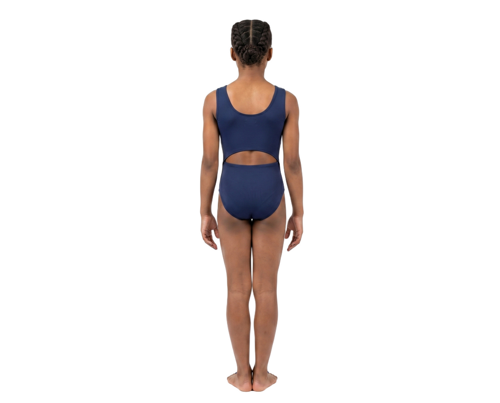 Back view of open back gymnastics bodysuit (leotard)