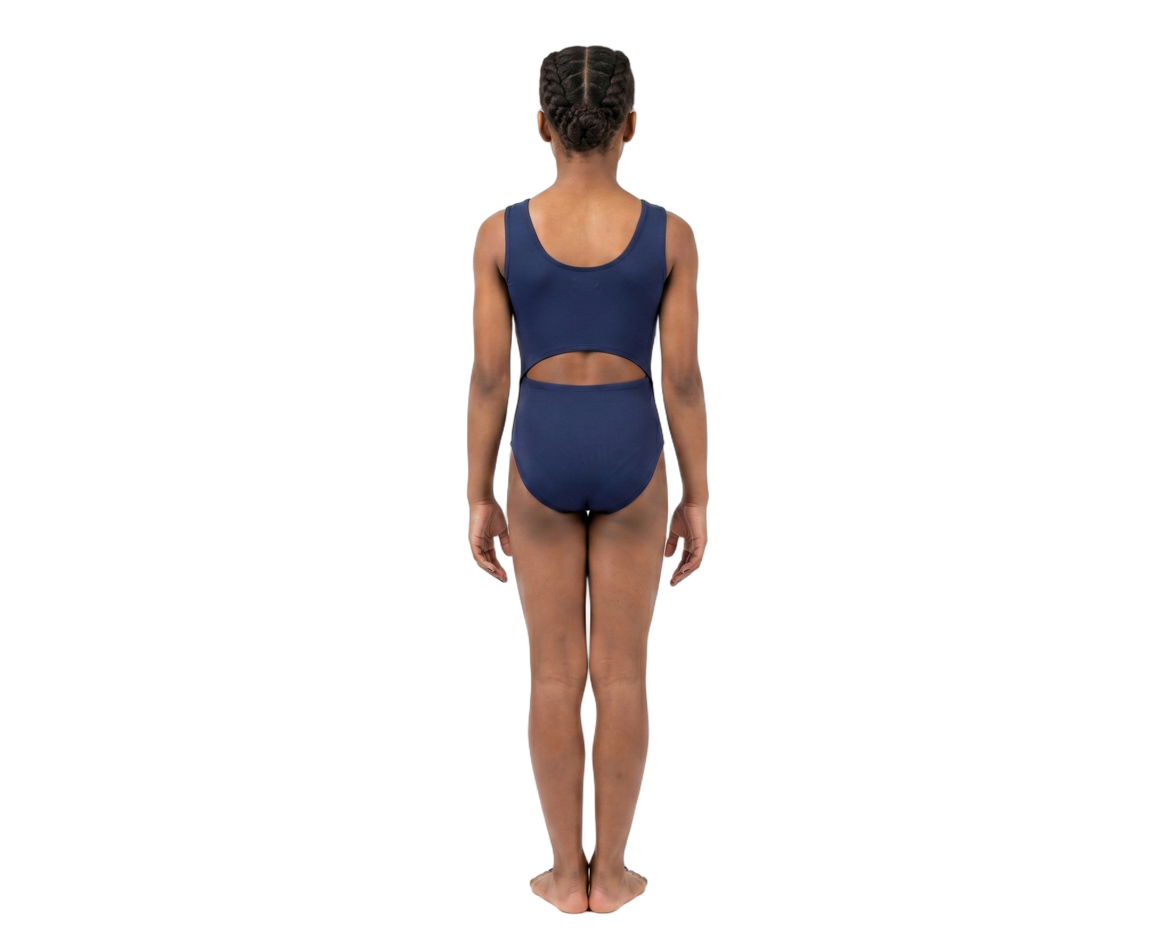 Back view of open back gymnastics bodysuit (leotard)