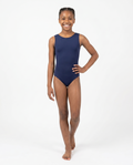 Girls Open back gymnastics bodysuit (leotard) in deep indigo - front view
