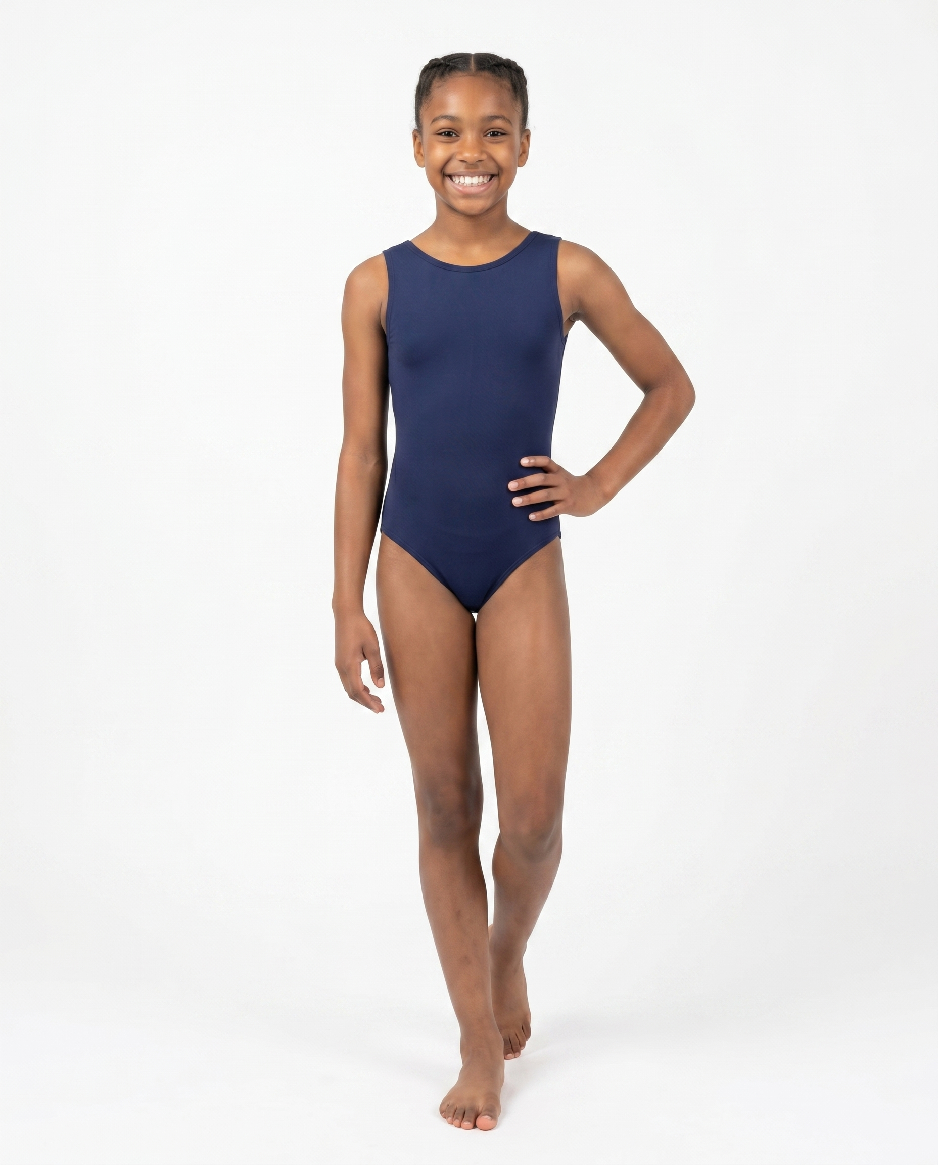 Girls Open back gymnastics bodysuit (leotard) in deep indigo - front view